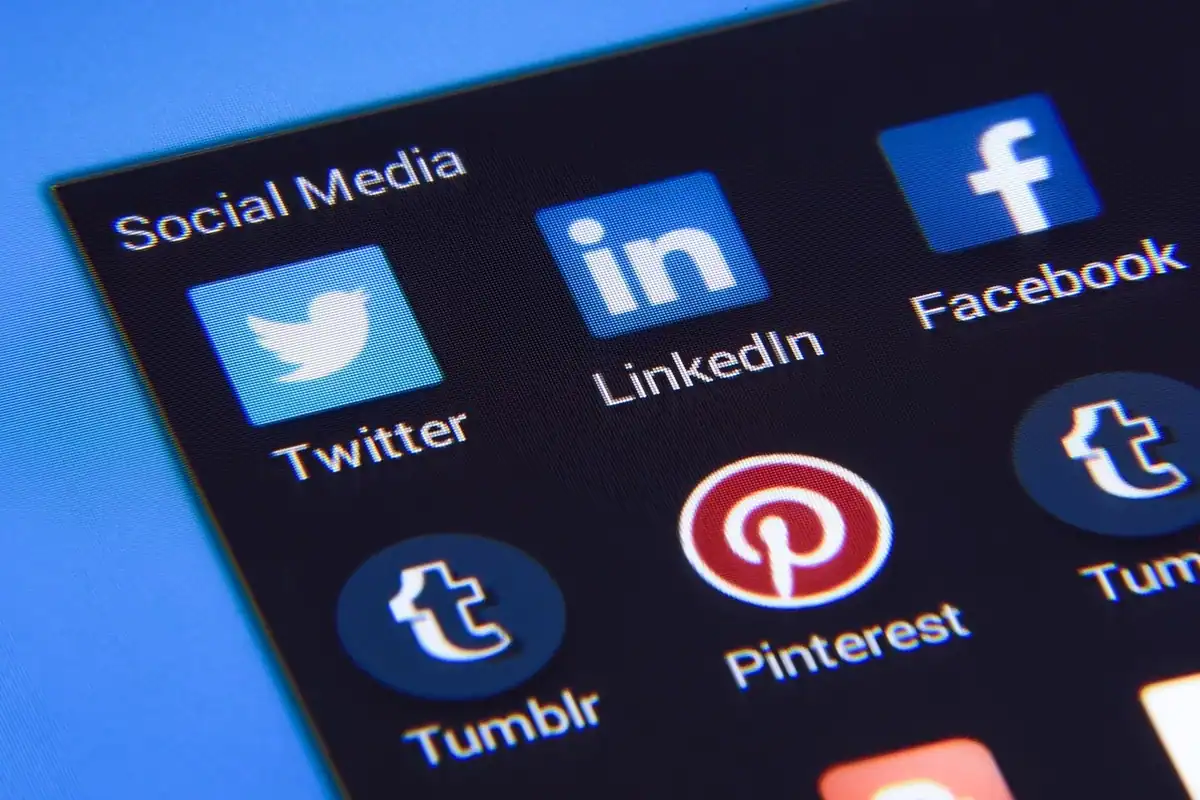 Ecran de telefon cu aplicațiile Twitter, LinkedIn, Facebook și Pinterest